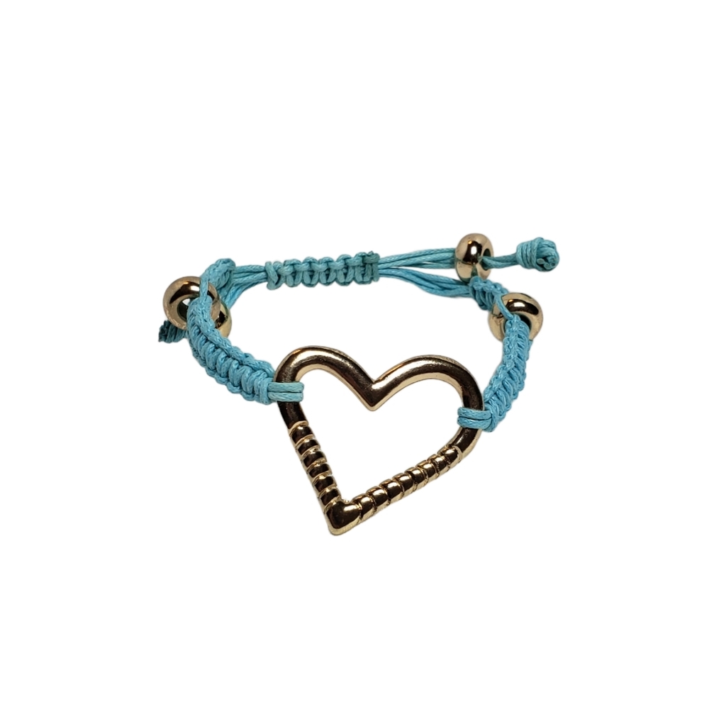 Macrame Bracelet with Open Heart Charm Blue Wax Cord